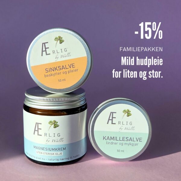 3 produkter fra Ærlig by Walle, på lilla bakgrunn