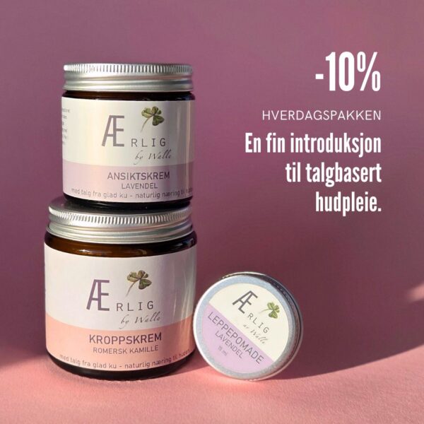 3 produkter fra Ærlig by walle, på rosa bakgrunn