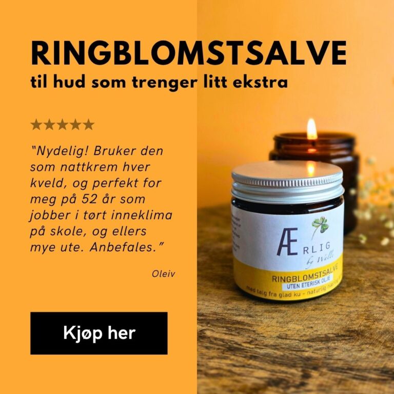 Krukke med rinbglomstsalve fra ærlig by Walle på treplate foran brennende lys