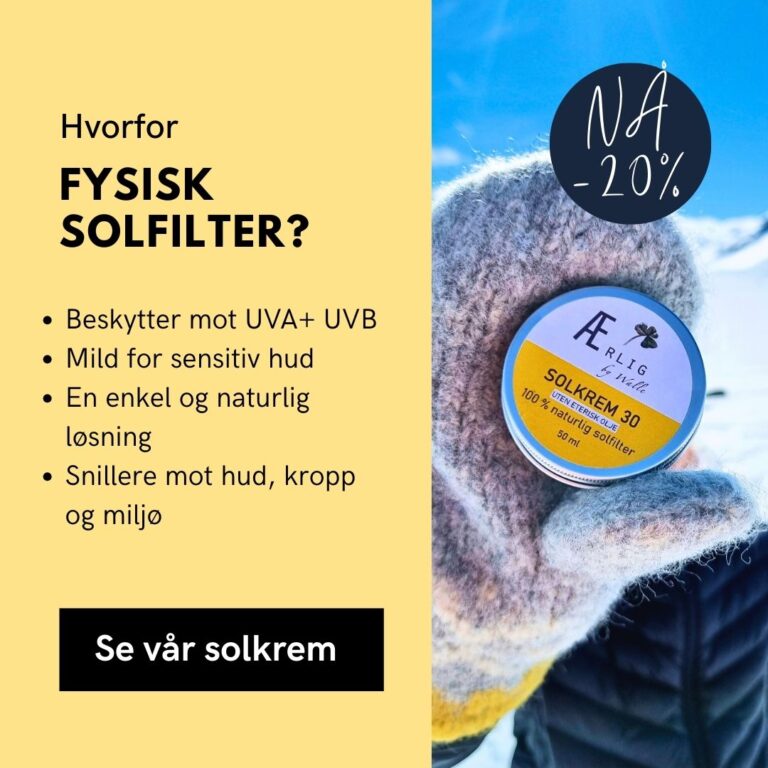 solkrem fra Ærlig by Walle holdes mot kamera av hånd ikledd ullvott