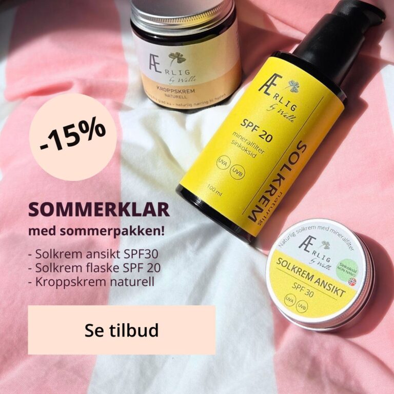 3 produkter ligger på myk rosa og hvit stripet tekstil, naturlig lys