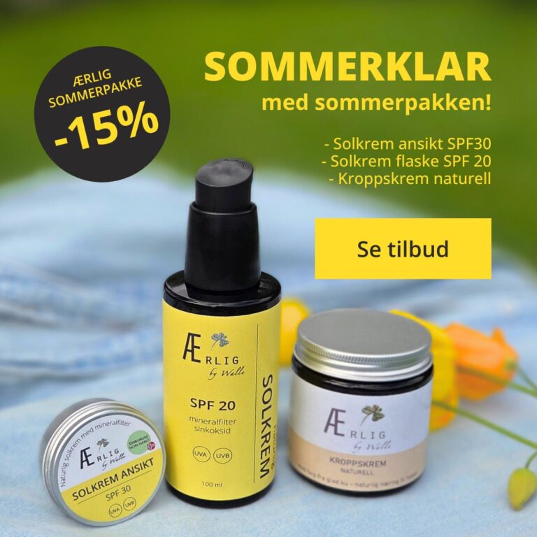 tre produkter fra ærlig by walle står på blått tekstil med grønn bakgrunn