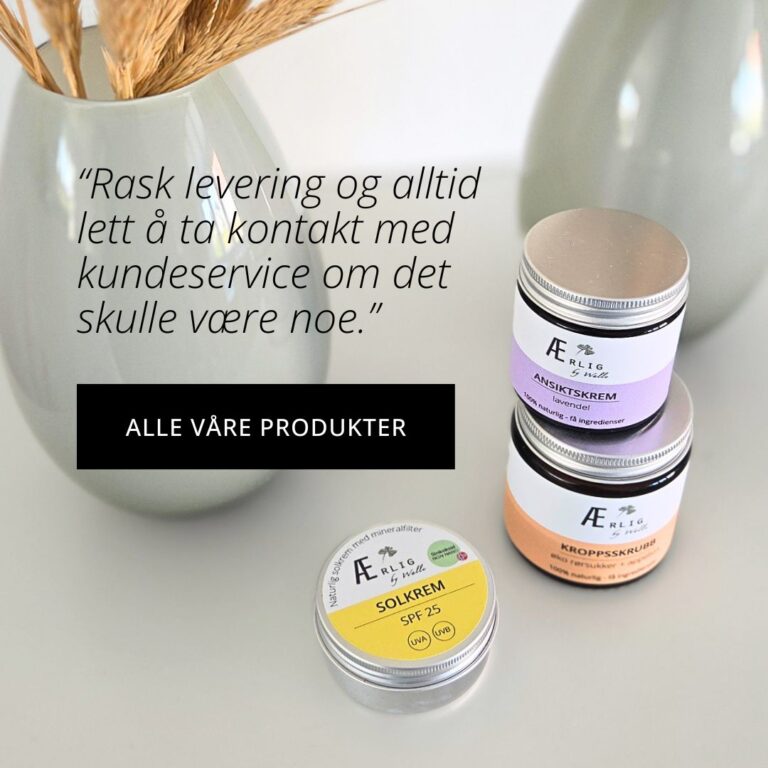 Produkter fra ærlig by Walle står ved grå vaser med strå i