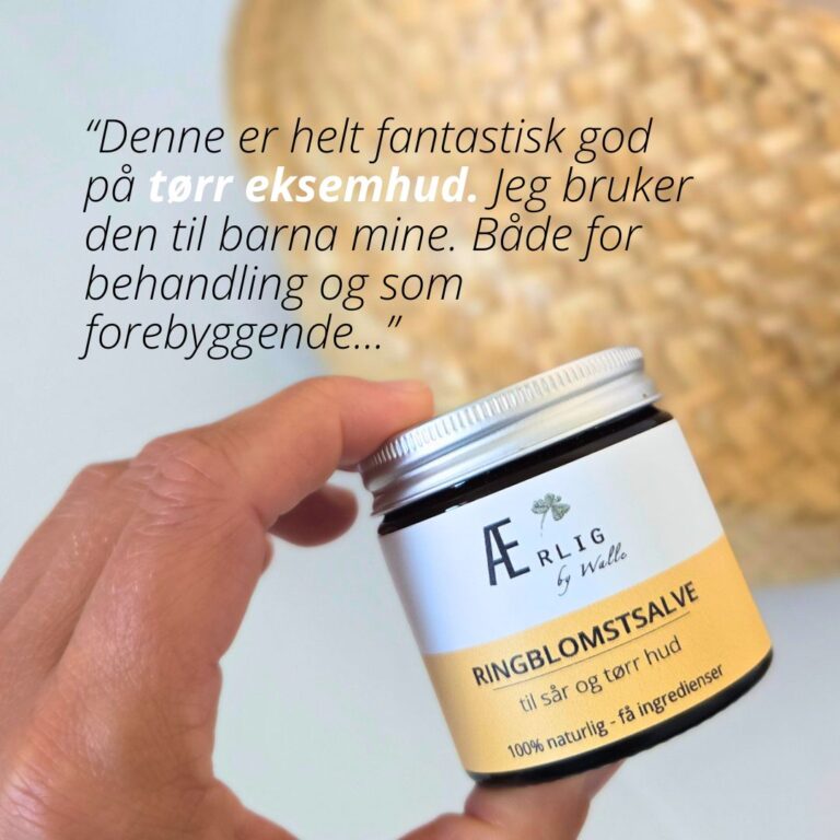 Hånd holder Ringblomst fra Ærlig by Walle, kurv i bakgrunn
