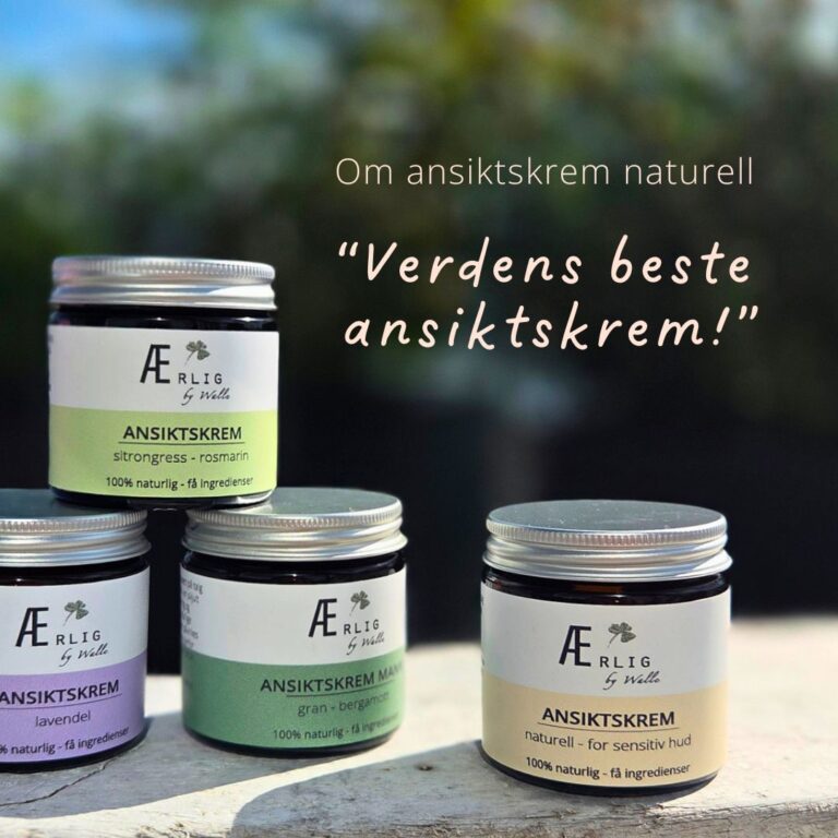 fire ansiktskremer fra ærlig by walle står stablet ute foran blå himmel og naturlig bakgrunn