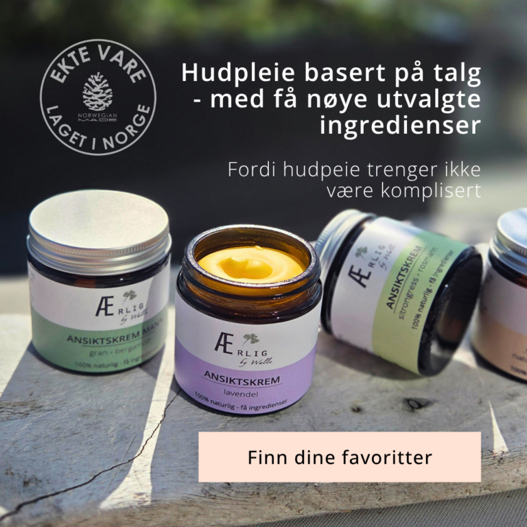Flere produkter fra ærlig by walle står ute i naturlig lys,